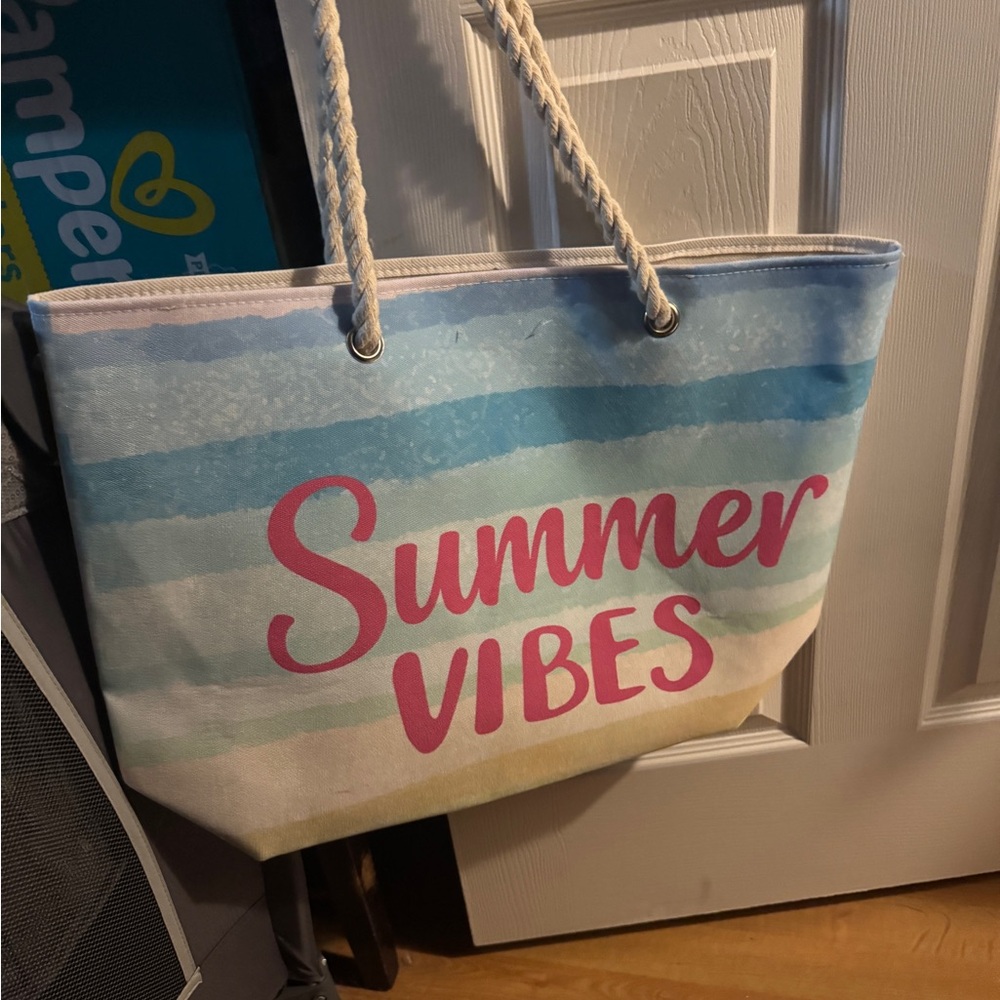 Summer Vibes Beach Tote Bag - Blue and Cream